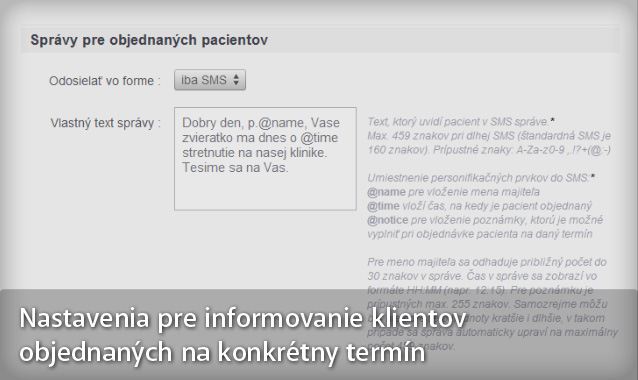 Nastavenia SMS správ pre objednaných pacientov