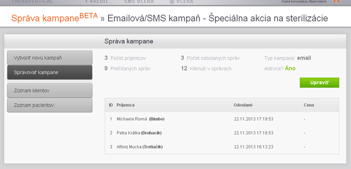 Management emailových a sms kampaní a newsletterů - novinek pro majitele zvířat